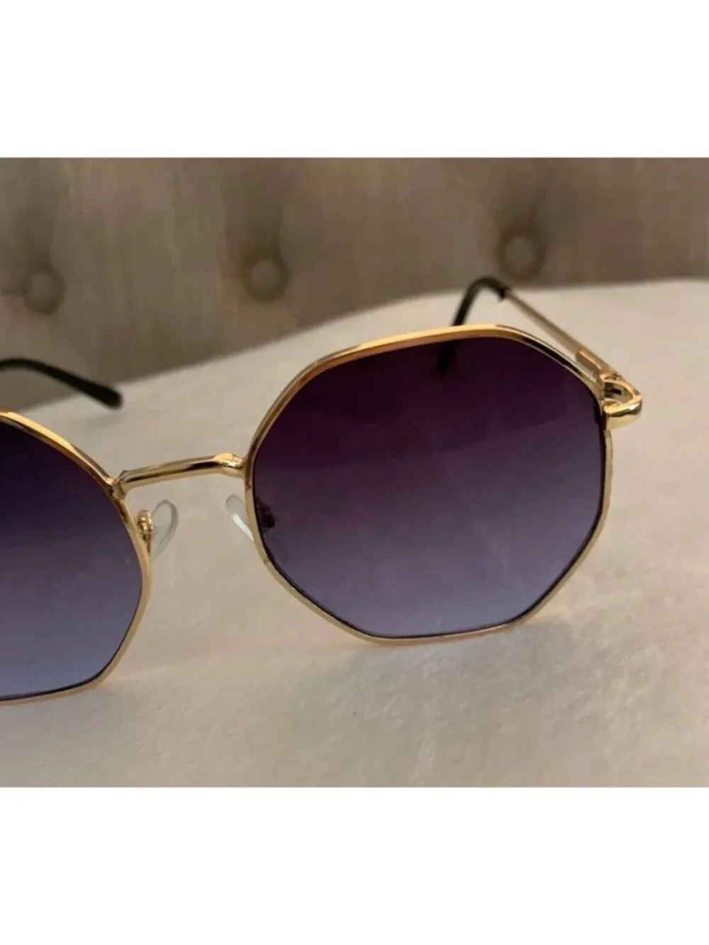 Unisex Octagonal Gold Metal Frame Gradient Black to Blue Lens Sunglasses